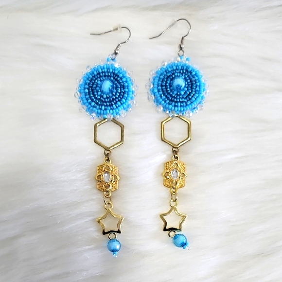 One Of A Kind Blue and Gold Beaded Earrings - Picture 1 of 2